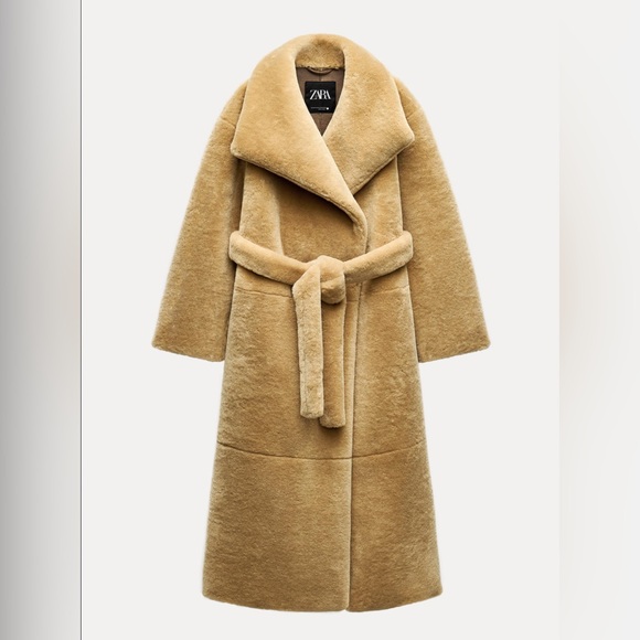 Zara ZW COLLECTION BELTED FAUX FUR COAT Beige women